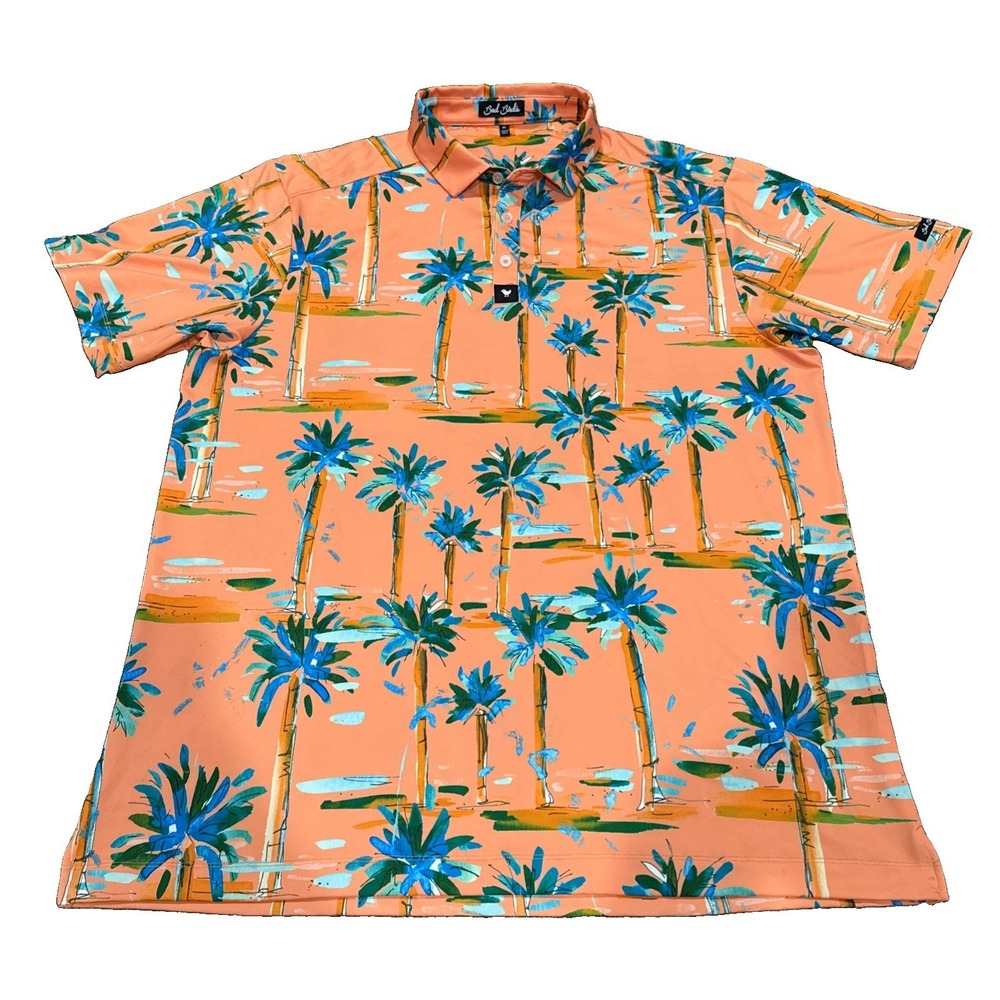 Bad Birdie Orange Polo Golf Shirt Men's Palm Trees Tropical Short Sleeve Size XL